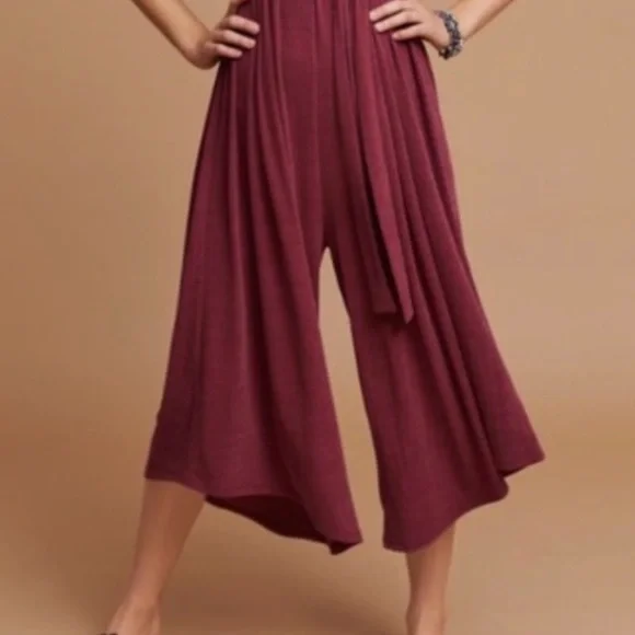 ANTHROPOLOGIE HD IN PARIS RIBBED RASPBERRY CROPPED JUMPSUIT W RIBBON TIE SZ M - Picture 4 of 10